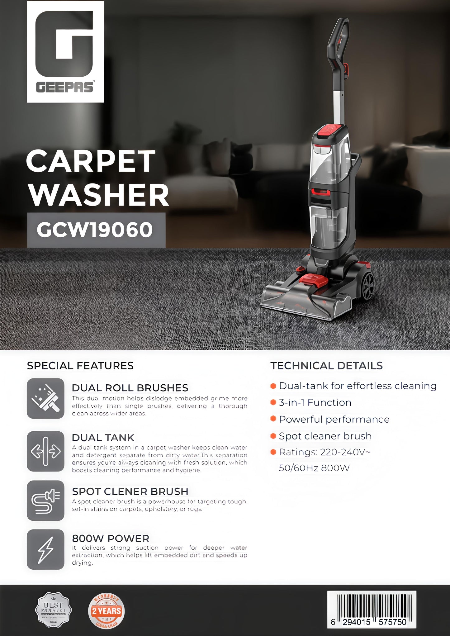 Geepas  Carpet Washer floor sofa steam cleaner GCW19060